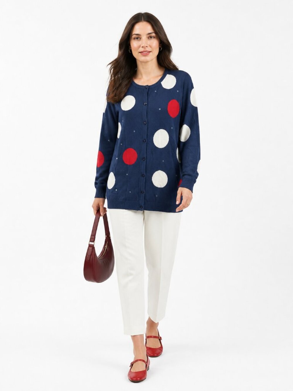 Quacker Factory Navy Polka Dot Cardigan Size M Retro Grandmacore Whimsy Pop Art